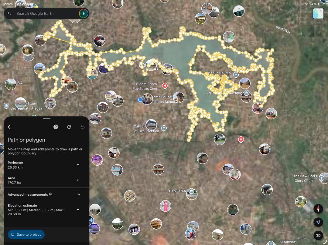 Google Earth satellite survey of the Magodo Phase 3 land boundary with perimeter and area measurements