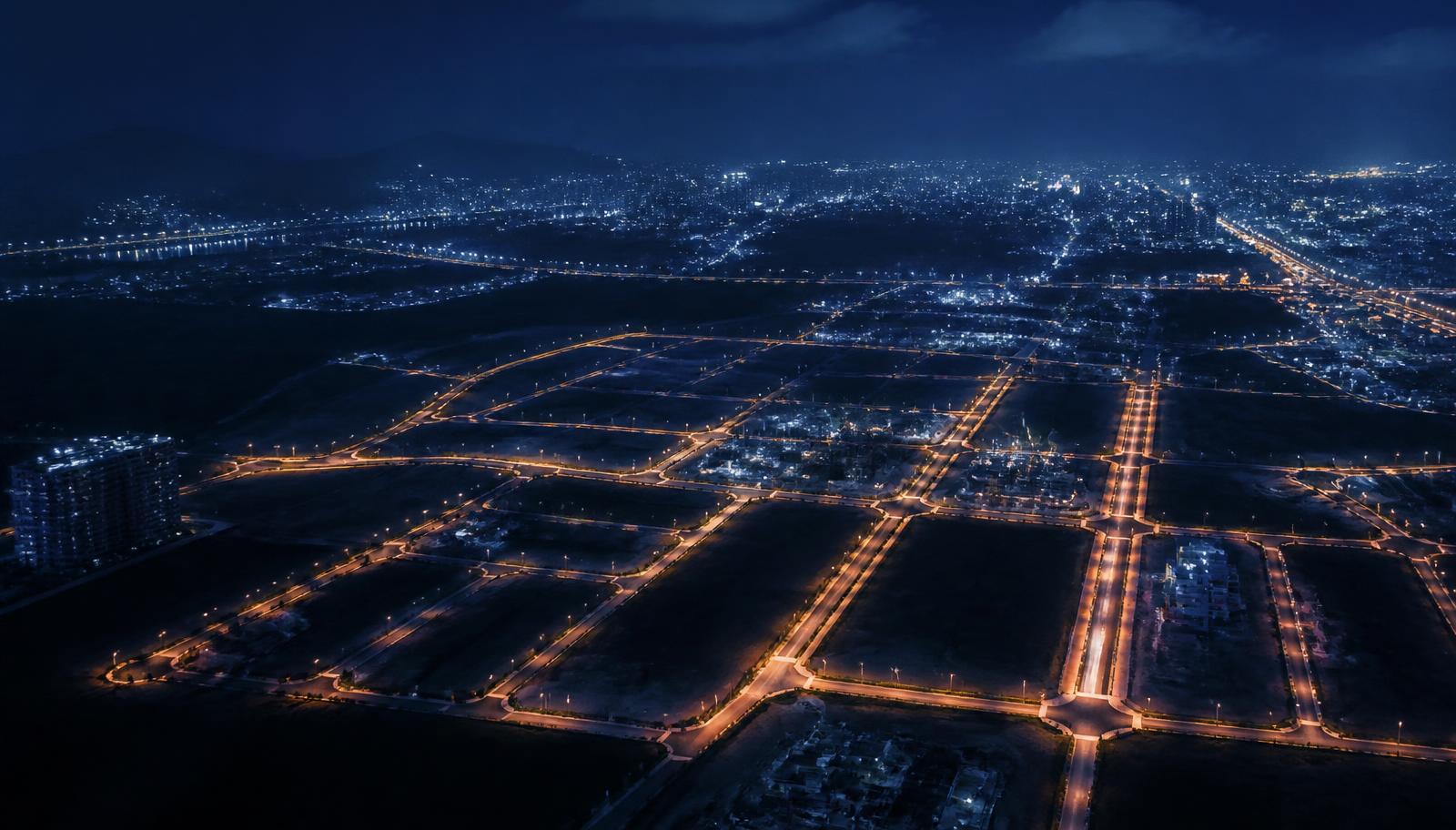 Illustrative urban real estate architecture at night